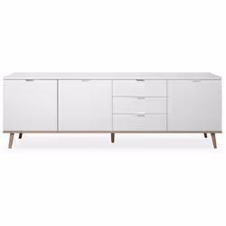 Caractéristiques produit: Buffet bas, 3 portes, 1 étagère à gauche, 1 à droite, 3 tiroirs au centre. Couleur Blanc / chêne so ...