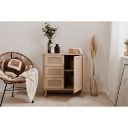 Petit meuble de rangement - 3 tiroirs - 1 porte - Décor Cannage -  L809 x H84 x P40 cm