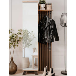 Vestiaire dentrée avec rangements et miroir - L80 x P37 x H1896 cm - décor chêne et noir - MEDAN