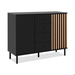 Buffet - MONZA 01B - Noir / Chêne artisan - 2 portes - 4 tiroirs - 118 x 90 x 40 cm