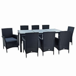 Salon de jardin 8 personnes fauteuils avec coussins et table en polyrotin noir