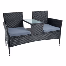 Ce banc de jardin en polyrotin avec table intégrée présente un design intemporel et agréable. Grâce à sa forme compacte, le b ...