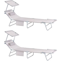 OGS48-MI x2 Lot de 2 Bain de Soleil Chaise Longue Transat de Jardin Pliables Position réglable avec Parasol Pare Soleil - Crème - Sobuy