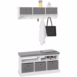 SoBuy Meuble d'Entrée Set de Portemanteau Mural 3 Tiroirs + Banc de Rangement avec Coussin Rembourré, 2 Compartiments et 3 Pa ...