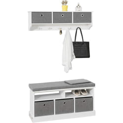 Sobuy - FRG282-W + FSR67-HG Meuble d'Entrée Ensemble Portemanteau Mural 3 Tiroirs + Banc de Rangement avec Coussin Rembourré, 2 Compartiments et 3