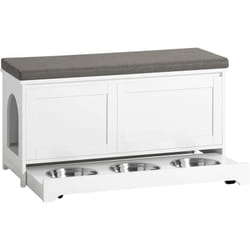 Sobuy - Banc de Rangement avec 2 Portes et 3 Bols Intégrés, Maison en Bois mdf pour Chat avec Accès Latéral, Meuble à Chaussures avec Coussin