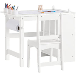 Sobuy - KMB60-W Ensemble Table et Chaise Enfant Set de 2 Pièces Bureau Table d'Étude avec 2 étagères, 1 Porte-Rouleau de Papier et 3 porte-crayons