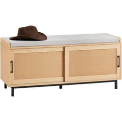 Sobuy - FSR154-N Banc de Rangement, Banc à Chaussures, Meuble de Rangement Pour Entrée avec Coussin Rembourré, 2 Portes Coulissante et Façades Rotin