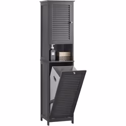 SoBuy BZR124-DG Meuble Colonne de Salle de Bain avec 1 Porte, 1 Tiroir et 1 Panier à Linge Amovible Cette armoire haute simpl ...