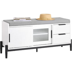Sobuy - FSR187-W Banc de Rangement avec Coussin Rembourré, Meuble Bas Entrée, Commode à Chaussure, Banquette avec 2 Porte Coulissantes et 2 Tiroirs,