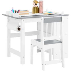 KMB60-HG Ensemble Table et Chaise Enfant Set de 2 Pièces Bureau Enfant Table d'Étude pour Enfants avec 2 Étagères, 1 Porte-Rouleau de Papier, 3
