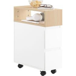Sobuy - FBT155-WN Bout de Canapé sur Roulettes Table de Chevet Table de Nuit Table d'Appoint avec 1 Compartiment Ouvert et 2 Tiroirs