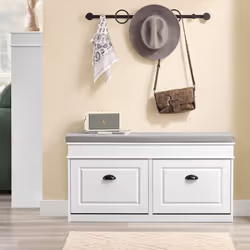 SoBuy Banc à Chaussures avec 2 Abattants et Coussin Amovible – Rangement Compact pour Entrée – Effet Bois Vieilli Blanc – FSR ...