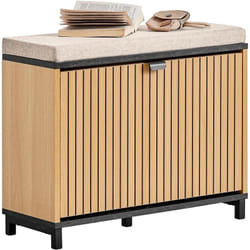 SoBuy Banc à Chaussures Meuble Chaussure Banc Entrée avec Assise Rembourrée Confortable, Rangement Chaussures Rabattable – Noir et Bois Clair,