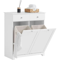 SoBuy Meuble Salle de Bain avec Panier à Linge, Armoire de Toilette avec 2 Tiroirs et et Grande Capacité Sacs à Linge, Meuble Panier à Linge Robuste en Bois, Blanc, L78xP38xH90cm, BZR33-II-W