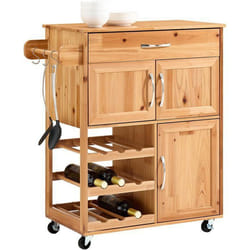 Desserte Cuisine SoBuy à Roulettes en Bois Massif avec Rangement Range Bouteilles pour Cuisine ou Salle à Manger Naturel 66x38x86cm