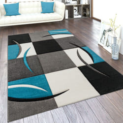 Paco Home - Tapis De Salon En Diff. Coloris Et Tailles Motif Carreaux Rayures Design 3D Poils Ras 120x170 cm, Turquoise