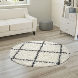 Paco Home - Tapis à Poils Longs, Shaggy Doux Salon Style Scandinave Avec Motif Losanges 160 cm rond, Crème