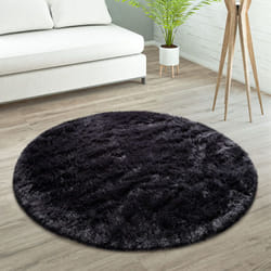 Paco Home - Tapis De Salon Poils Longs Fausse Fourrure Shaggy Moelleux Monochrome Noir, 200 cm rond