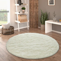 Paco Home - Tapis De Salon Poils Longs Fausse Fourrure Shaggy Moelleux Monochrome Blanc, 80 cm rond