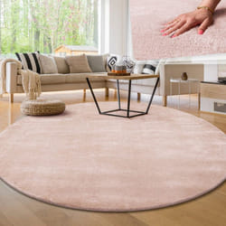 Paco Home - Tapis Moderne Salon à Poils Courts Lavable Doux Uni Effet Fourrure Antidérapant 160 cm rond, Rose