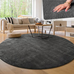 Paco Home - Tapis Moderne Salon à Poils Courts Lavable Doux Uni Effet Fourrure Antidérapant Anthracite, 160 cm rond