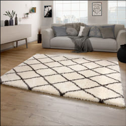 Paco Home Tapis Shaggy Tapis De Salon Shaggy Poil Long Motif Diamant Scandinave Moderne 160x230 cm, Crème 2