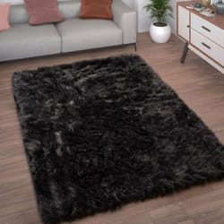 Paco Home - Tapis De Salon Fausse Fourrure Imitation Shaggy Coussins De Sol Forme Cœur Rond 60x100 cm, Noir