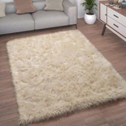 Paco Home - Tapis De Salon Fausse Fourrure Imitation Shaggy Coussins De Sol Forme Cœur Rond Crème, 30 cm rond