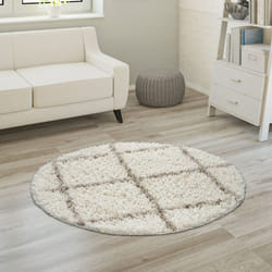 Paco Home - Tapis à Poils Longs, Shaggy Doux Salon Style Scandinave Avec Motif Losanges 80 cm rond, Crème-Beige