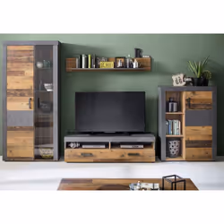 Organisez au mieux votre salle de séjour en y intégrant cet ensemble salon 3 meubles 1 étagère murale décor bois vielli LINDA ...
