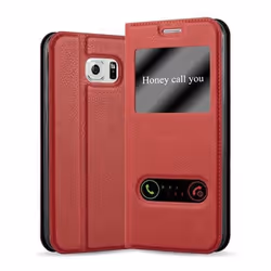 Coque - CADORABO - Samsung Galaxy S6 - ROUGE SAFRAN - Simili-cuir - Étui avec Fenêtres de Visualisation