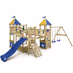 Aire de jeux Portique bois Smart Queen WICKEY avec balançoire et toboggan bleu