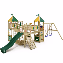 Aire de jeux Portique bois Smart Queen WICKEY avec balançoire et toboggan vert