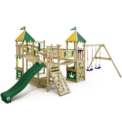 Aire de jeux Portique bois Smart Queen WICKEY avec balançoire et toboggan vert