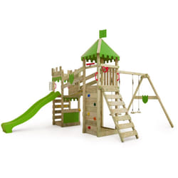 Fatmoose - Aire de jeux Portique bois RiverRun avec balançoire et toboggan Maison enfant exterieur avec bac à sable, échelle d'escalade & accessoires
