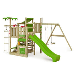 FATMOOSE Aire de jeux Portique bois CrazyCoconut avec balançoire et toboggan vert pomme Échafaudage grimpant avec bac à sable