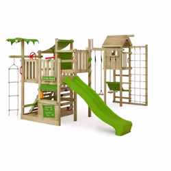 FATMOOSE Aire de jeux Portique bois CrazyCoconut avec balançoire et TowerSwing et toboggan vert pomme Échafaudage grimpant