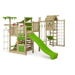 FATMOOSE Aire de jeux Portique bois CrazyCoconut avec balançoire et TowerSwing et toboggan vert pomme Échafaudage grimpant
