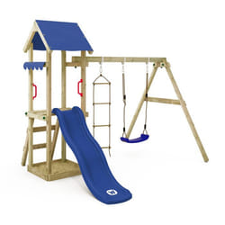 Aire de jeux TinyCabin en bois avec balançoire et toboggan bleu de la marque WICKEY