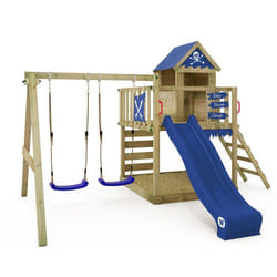 WICKEY Aire de jeux Portique bois Smart Cave avec balançoire et toboggan bleu Cabane enfant extérieure avec bac à sable