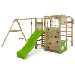 Fatmoose - Aire de jeux Portique bois ActionArena avec balançoire et toboggan vert Échafaudage grimpant avec mur d'escalade & accessoires de jeux