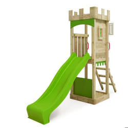FATMOOSE Aire de jeux Portique bois TreasureTower avec toboggan vert pomme Maison enfant extérieure avec bac à sable