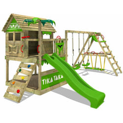 Fatmoose - Aire de jeux TikaTaka Town xxl – Surfswing avec bac à sable et toboggan - Cabane enfant extérieur avec échelle d'escalade & accessoires de