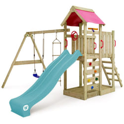 Wickey Aire de jeux Portique bois MultiFlyer avec balançoire et toboggan Maison enfant exterieur avec bac à sable, échelle d'escalade & accessoires