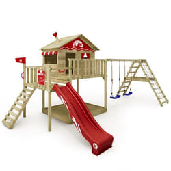 Aire de jeux WICKEY Smart Ocean avec balançoire et toboggan rouge sur pilotis avec bac à sable