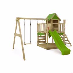 Aire de jeux en bois FATMOOSE JazzyJungle avec balançoire et toboggan vert pomme pour enfants de 3 à 12 ans