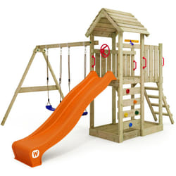 Wickey - Aire de jeux Portique bois MultiFlyer Toit en bois avec balançoire et toboggan Maison enfant exterieur avec bac à sable, échelle d'escalade