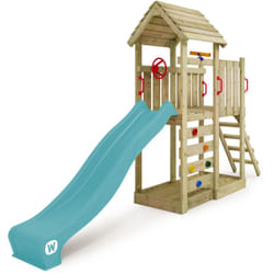 Wickey - maison sur pilotis structure d'escalade JoyFlyer avec toboggan tour d'escalade avec bac à sable échelle & accessoires de jeu – bleu pastel