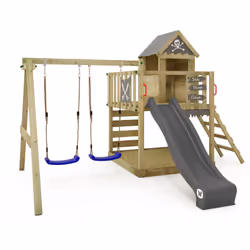 Aire de jeux avec toboggan Wickey Smart Cave D´un grand bond sautent les deux amis du double sièges de balançoire dans le sab ...